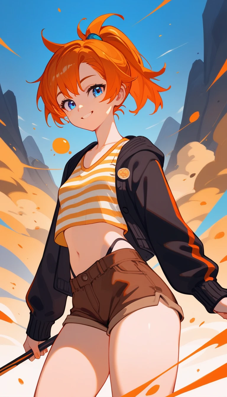 (score_9,score_8_up,score_7_up,score_6_up,score_5_up,score_4_up), masterpiece, best quality, expressive eyes, orange short hair, ponytail, blue eyes, smile, small breasts, big ass, wide hips, yellow shirt, brown shorts, black cardigan, striped highsocks, mountains