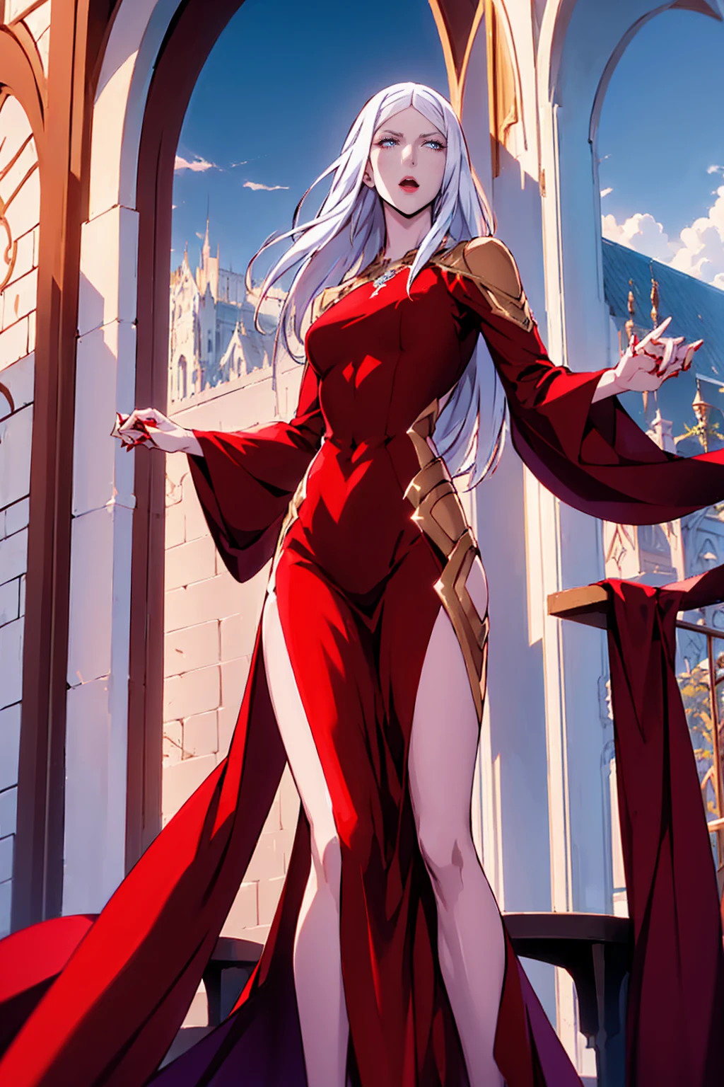 (Absurd, high quality, ultra -compared, careful with the hand) Carmilla,outside, high quality,4k, red long dress, upper body, looking at view, portrait