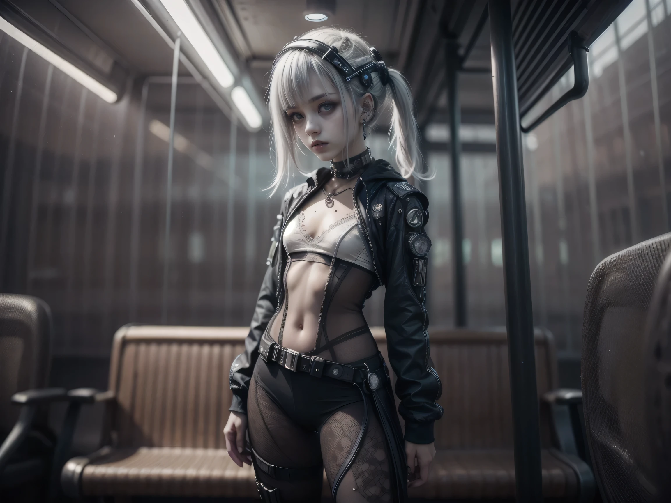 (Whole body in view)1girl, innocent, alone, ((waiting a bus:1.5)), (view_from_front:1.5), (instagram yanakryukova), (seductive_facial_expression:1.4), sweety, cute, kawaii, perfect face, galactic_young_princess, ((little breasts, flat_chested, small chest:1.6)), ((little nipples, natural nipples)), top model figure, (skinny), (perfect little ass, round ass, long legs, slim legs), pale skin, soft skin, caucasian teenager, slender girl, natural make-up on eyes only, perfecteyes, black_eyes, (innocent_looking:1.4), oval jaw, freckles, natural_beauty, (white hair, bright pink hair, dreadlocked pigtails, long bangs, drill hair), ((she is wearing a transparent lace bodysuit,  print cotton leggings, white transparent lace hoodie, lace collarbone, cleavage cutout, cameltoe, and techwear high boots)), ((wearing an intricate detailed techwear white outfit)), ((cute neon head accesories:1.6)), punk_hair_ornaments, pastel_goth, punk, fantasy_princess, necklace, earring, cute 18 years old girl, skinny young girl, white theme, (bokeh, depth of field, blurry background, light particles, fog), ((detailed sci-fi cyberpunk bus stop background:1.6)), ((real life, realistic, profesional photography, photo_realistic, hyper_realism, ultra-detailed)), photography by Tim Walker, Tim Walker masterpiece, best_quality, 8K, soft tones, pastel tones, low saturation, (contrast:0.3), muted colors, cold light, neon, Ex_Machina_movie, studio light