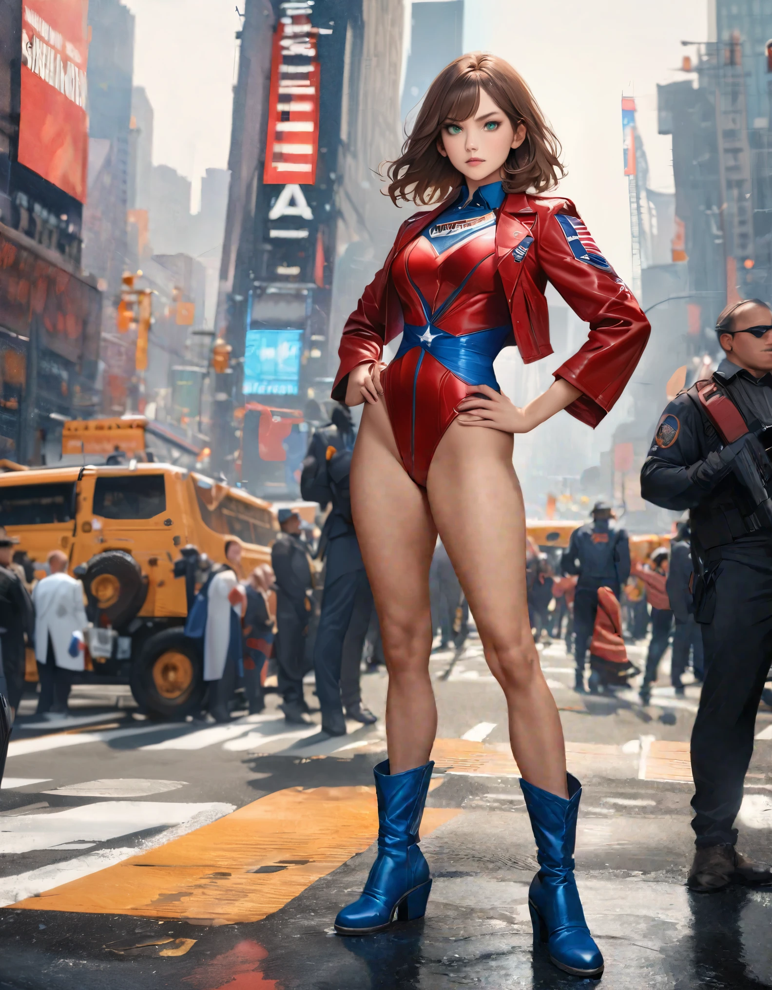 ((best quality)), ((masterpiece)), ((ultra realistic)), (dynamic heroic pose), solo, solo focus, american, beautiful detailed face, detailed eyes, sexy reporter, ((dressed in a red leotard with blue accents)), new york city backdrop, highly detailed, professional, bare legs, full body), hands on hip, standing, ((brown hair, medium hair)), green eyes, matching boots, yellow boots, ((long sleeves, yellow cuffs)), ((yellow hawk symbol on chest)), ((blue cape)), cowboy shot, ((fastened tight belt, gold belt)), (perfect hands, complete fingers, perfect anatomy, perfect proportions), full body with costume.