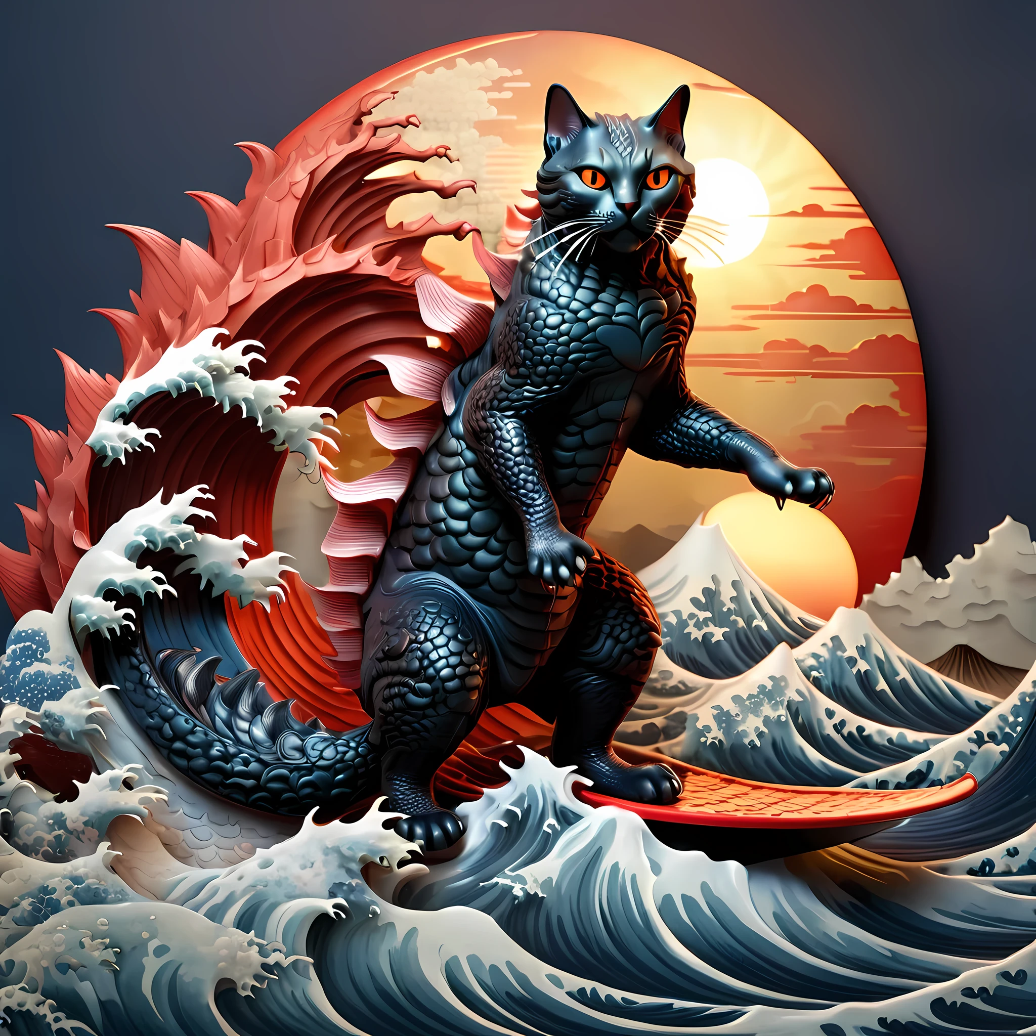 godzilla cat on a wave with a red sun in the background, cat attacking tokyo, inspired by Gatōken Shunshi, inspired by Utagawa Kuniyoshi, inspired by Koryusai Isoda, inspired by Yuko Shimizu, inspired by Utagawa Yoshitsuya, inspired by Tsukioka Yoshitoshi