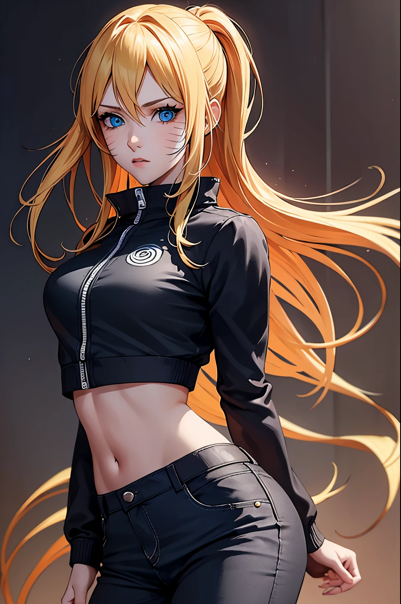 (masterpiece, best quality:1.2), expressive eyes, perfect face, highres, 1girl, solo, (female:1.5), NarukoUzumaki, blue eyes, blonde hair, long hair, facial mark, whisker markings, short hair, long sleeves, jacket, (naruto outfit), midriff, orange-black jacket, meshes, pants, black pants, standing, upper body, looking at the viewer