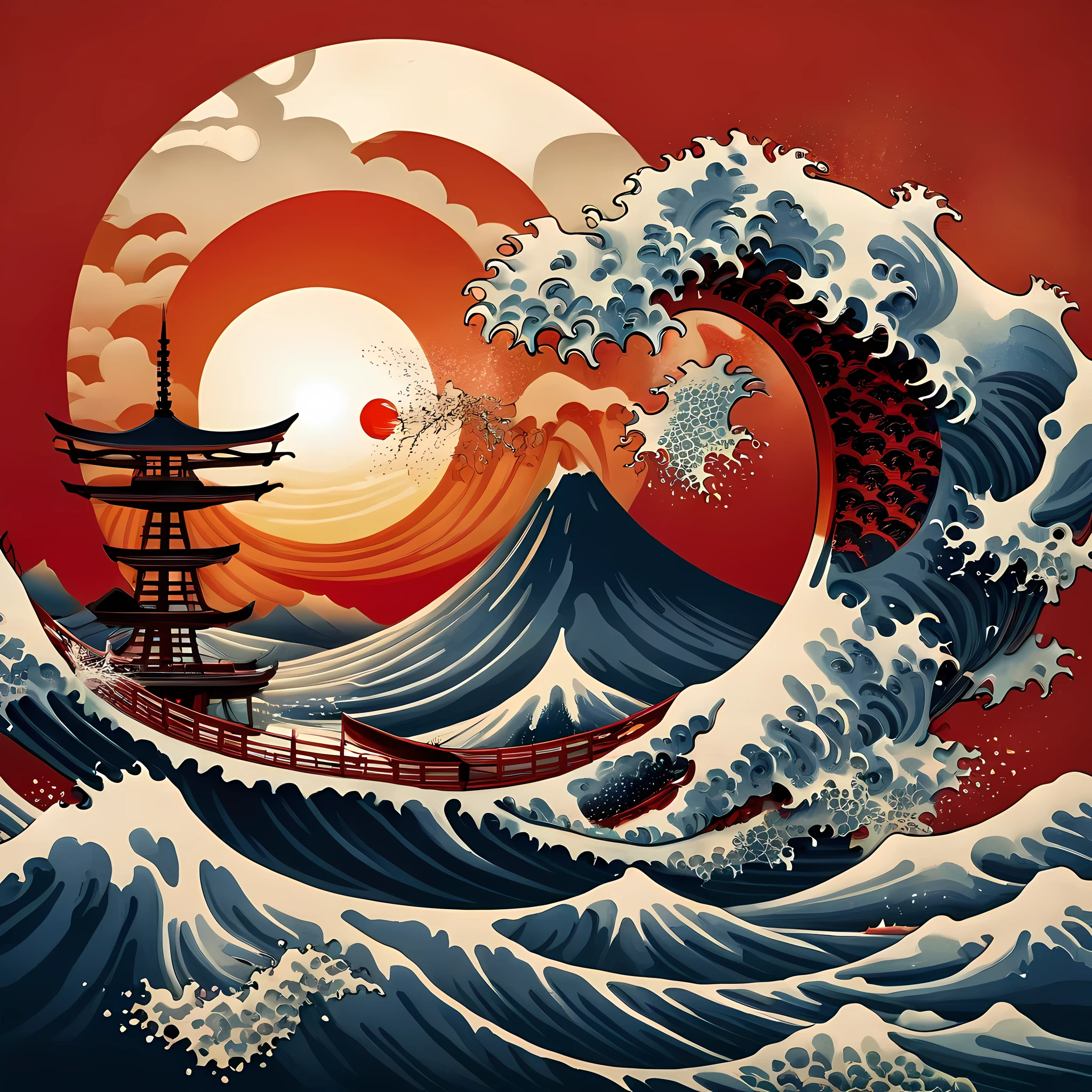 godzilla cat on a wave with a red sun in the background, cat attacking tokyo, inspired by Gatōken Shunshi, inspired by Utagawa Kuniyoshi, inspired by Koryusai Isoda, inspired by Yuko Shimizu, inspired by Utagawa Yoshitsuya, inspired by Tsukioka Yoshitoshi