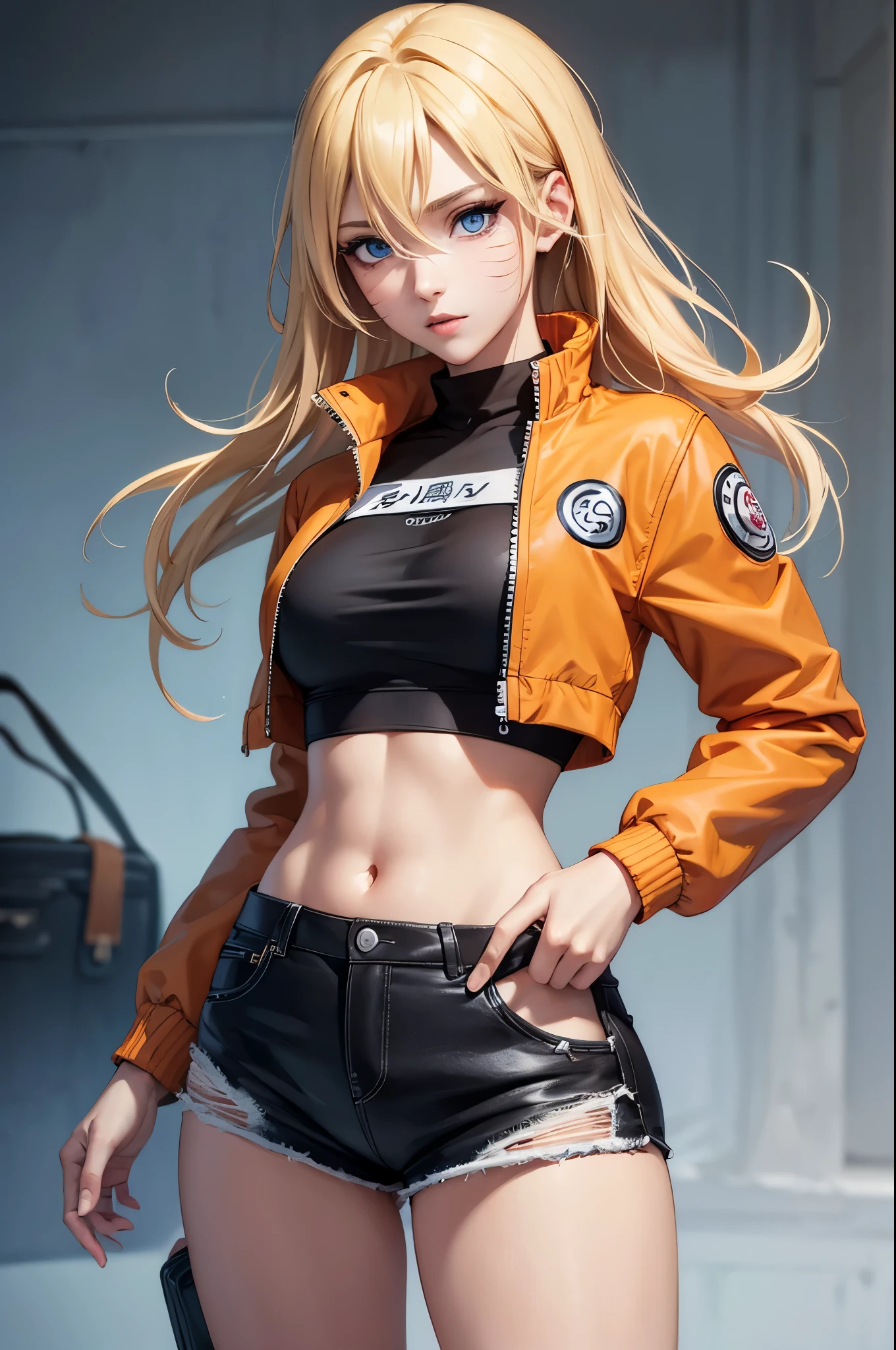 (masterpiece, best quality:1.2), expressive eyes, perfect face, highres, 1girl, solo, (female:1.5), NarukoUzumaki, blue eyes, blonde hair, long hair, facial mark, whisker markings, short hair, long sleeves, jacket, opened jacket, (naruto outfit), midriff, orange-black jacket, meshes, pants, black pants, standing, upper body, looking at the viewer