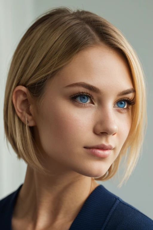 1girl, young, ((full body photo)), blond hair, short hair, dark blue eyes, (detailed face), (((side of face)))