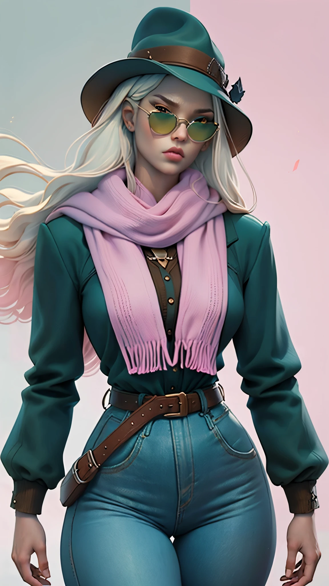 the best possible quality, Ultra resolution 8k, Stunning illustration, The best of everything, awarded, like being the best, Cowboy hat Leather belt with buckle, weapons in each hand, Action pose Adds effect at the end, Jeans jacket, length neck scarf, Sunglasses, light brown wide pants, ((pink, brown, green, white colors: 1.5)), epic desert setting: 1.5, photorealistic: 1.4, Skin texture: 1.4, super masterpiece, super detailed, hyper detailed, 32K