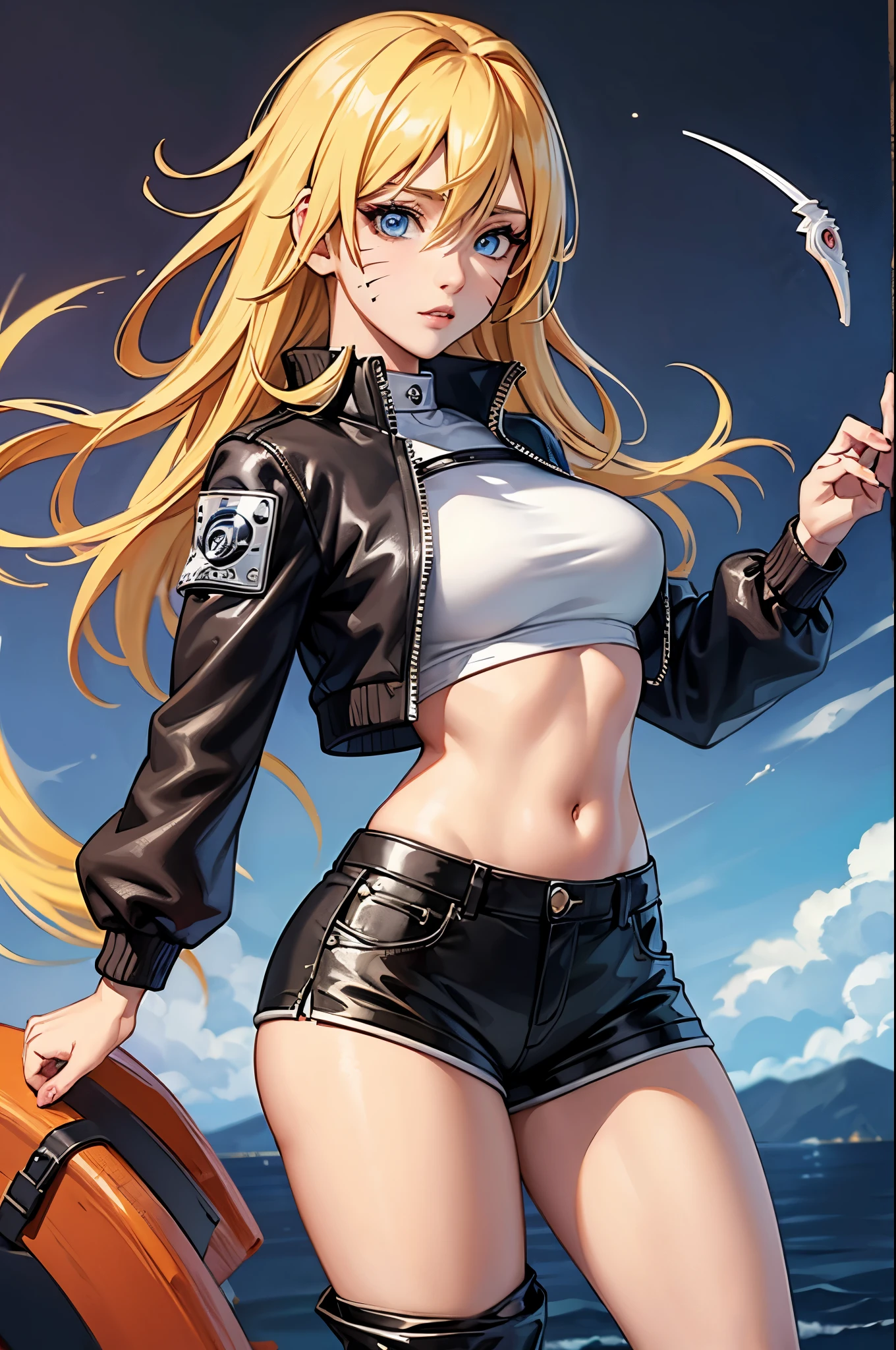 (masterpiece, best quality:1.2), expressive eyes, perfect face, highres, 1girl, solo, (female:1.5), NarukoUzumaki, blue eyes, blonde hair, long hair, facial mark, whisker markings, short hair, long sleeves, jacket, opened jacket, (naruto outfit), midriff, orange-black jacket, mesh shirt, pants, black pants, standing, upper body, looking at the viewer