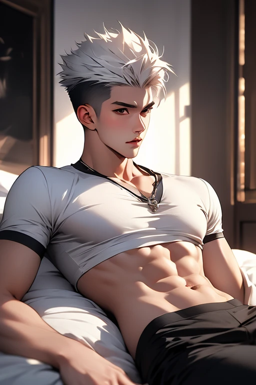 Best image quality, (1 male), Young and handsome，show，White Hair，Short Flat Top Hair，Male Focus，Brief，slim and sleek, Groin bulge，sexy, (masterpiece, highest quality), lying, bedroom