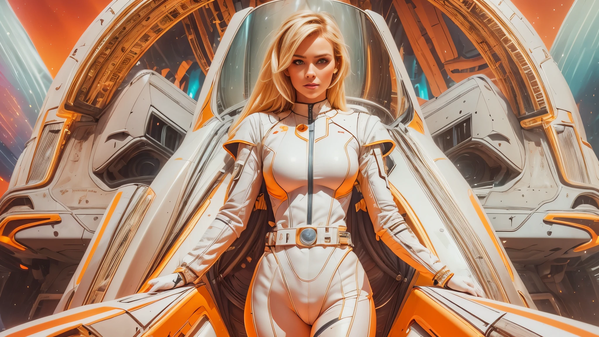 arafed image of a white woman in a futuristic suit with a spaceship in the background, movie art, in front of an orange background, inspired by Robert McGinnis, female protagonist, megastructure in the background, portrait of an ai astronaut, astronauts, an astronaut, portrait of a astronaut skeletor, perfect android girl, detailed eyes, frank franzzeta and sakimichan  