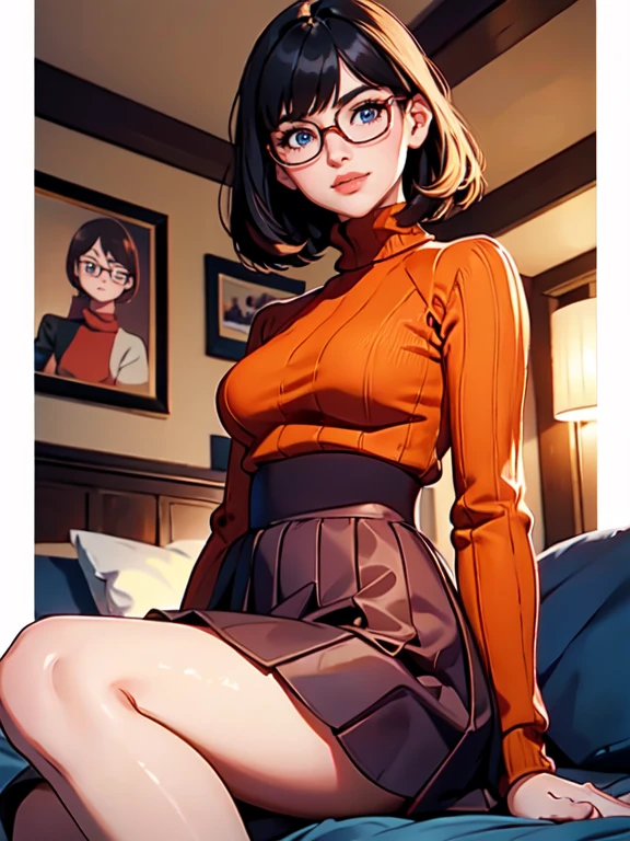 hd, 8K quality, masterpiece, velma, Dream Girl Giant , Beautiful Face, Kissing Lips, short bob hairstyle, Long Bangs, Perfect Makeup, Realistic Face, Fine grain, blue eyes, Brunette Hair, eyelash, smile, Bedroom, Sitting on the bed, Show Mekosuji, Judging the beholder, Orange knit turtleneck sweater, Clear lens glasses, Red school girl skirt, View from below,