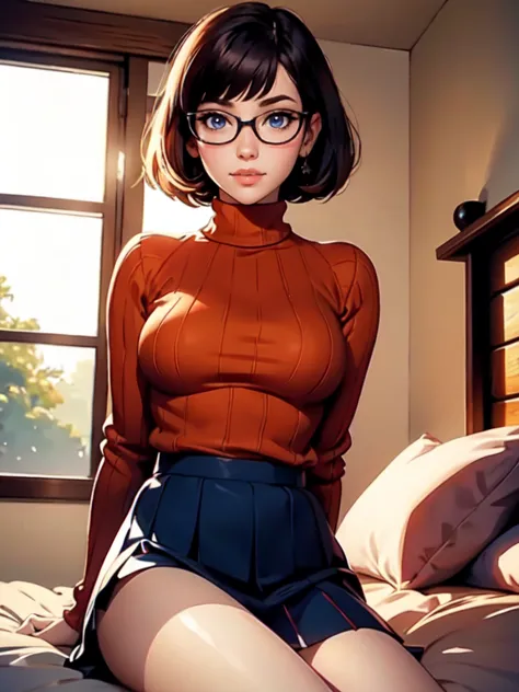 hd, 8k quality, masterpiece, velma, dream girl giant , beautiful face, kissing lips, short bob hairstyle, long bangs, perfect ma...