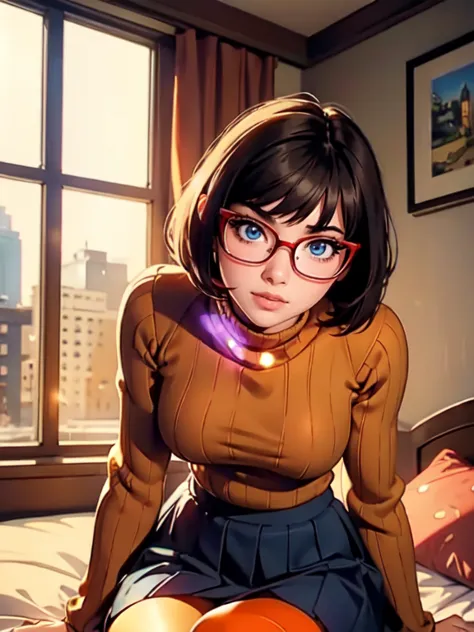 hd, 8k quality, masterpiece, velma, dream girl giant , beautiful face, kissing lips, short bob hairstyle, long bangs, perfect ma...