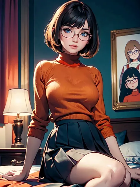 hd, 8k quality, masterpiece, velma, dream girl giant , beautiful face, kissing lips, short bob hairstyle, long bangs, perfect ma...