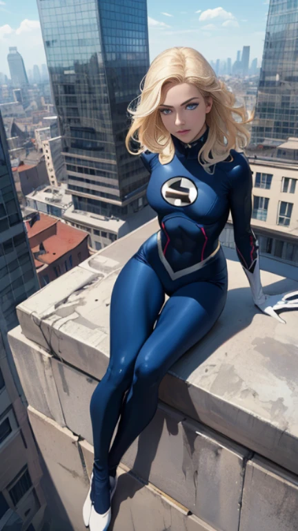 (Highly quality, masterpiece, detailed), city detailed scenario, city detailed background, 1girl, susan storm, blue eyes, blonde hair, full body blue bodysuit, sleeves, white elbow gloves, sitting on top of a building, perfect face, beautiful eyes, looking at the viewer, Sexy pose