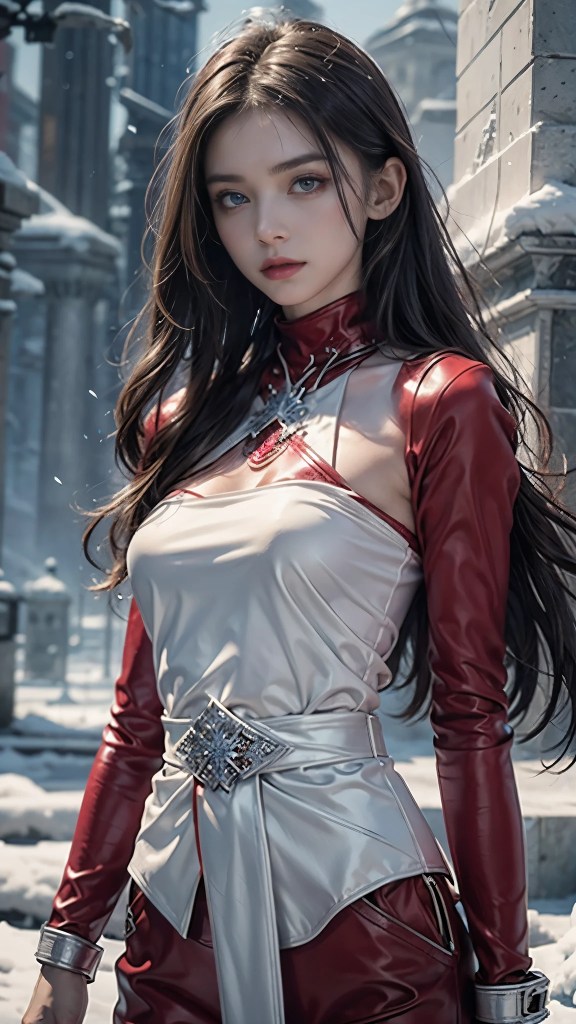 a beautiful ice goddess, perfect slim body, good face, very long hair, realistic eyes, small breasts, ice magician, ice elemental, intricate design and details, chilling mist, cold, blizzard storm, conjuring ice spell, casting ice spell, detailed outfit, (red outfit:1.5), (strap waist:1.5), realistic ice effect, snow particles, dark fantasy art style, ruined city, dramatic lighting, cinematic,