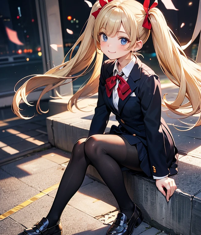 ((highest quality)), ((masterpiece)), (detailed), Anime 2D Rendering, Realistic young anime woman, Perfect Face, high school student、Beautiful girl、Baby Face、Slanted Eyes、blue eyes、Blonde、Twin tails with red ribbon、smile、Thighs、Outstanding style、nice buddy、glamorous、blazer 、Black Pantyhose、loafers、The whole body is visible