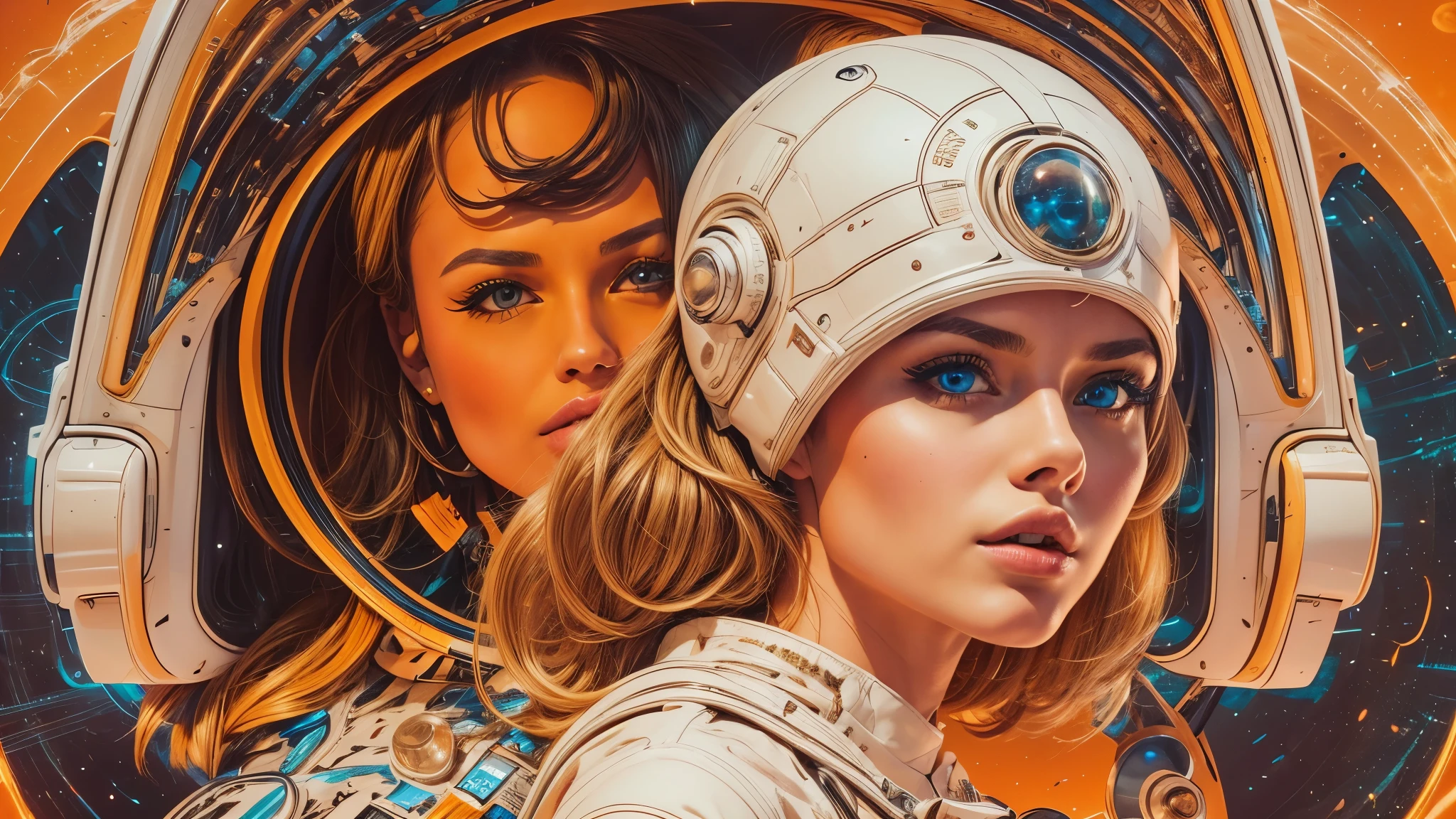 arafed image of a white woman in a futuristic suit with a spaceship in the background, movie art, in front of an orange background, inspired by Robert McGinnis, female protagonist, megastructure in the background, portrait of an ai astronaut, astronauts, an astronaut, portrait of a astronaut skeletor, perfect android girl, detailed eyes, frank franzzeta and sakimichan  