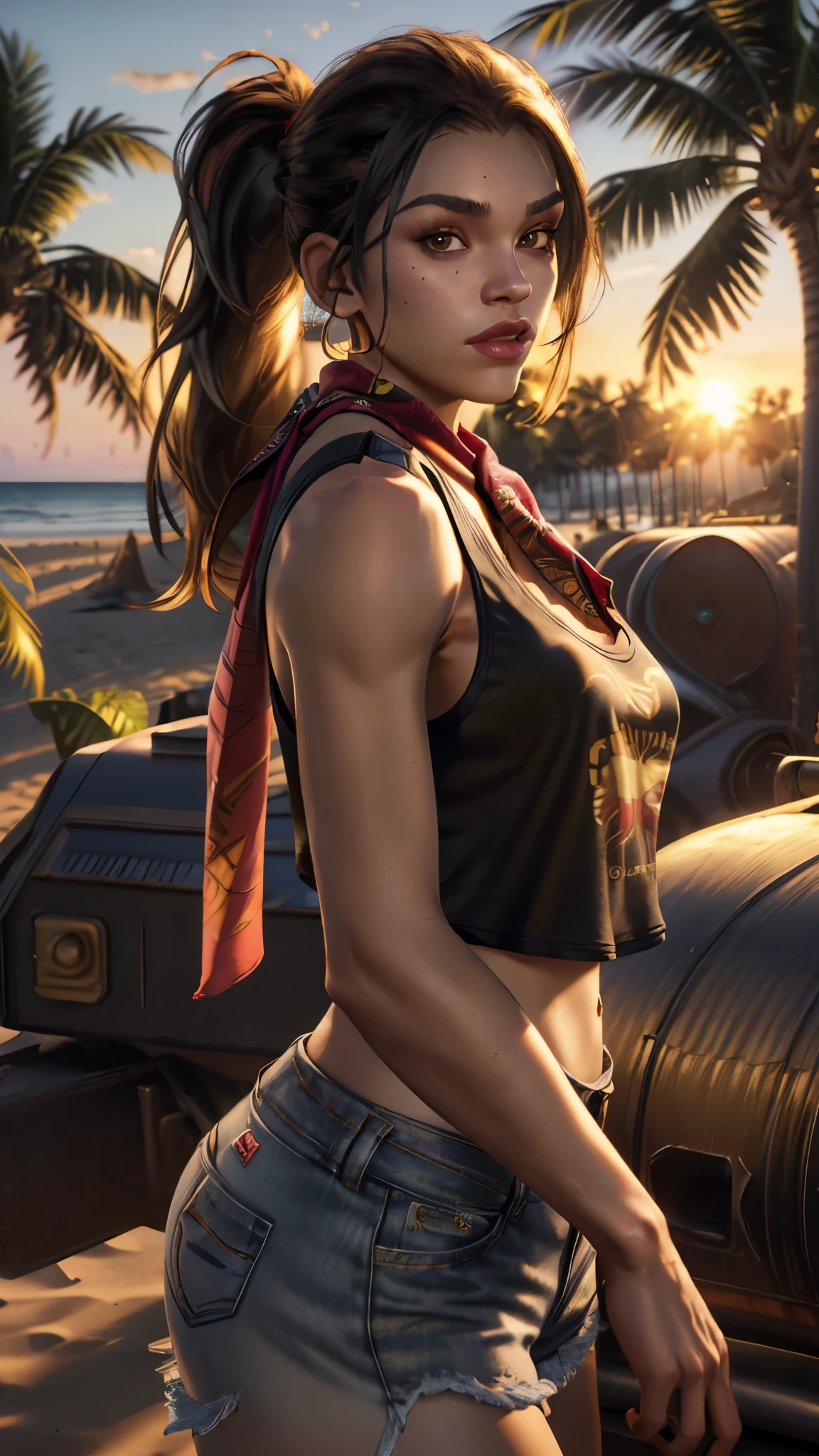 8k uhd, dslr, high quality,  (ultra realistic,32k, masterpiece:1.1),(detailed skin), (golden hour:1.1) octane render,gtluc ,a woman, (black tank shirt:1.3), ponytail, red bandana, denim shorts, (looking at viewer),miami,trees,palms,beach