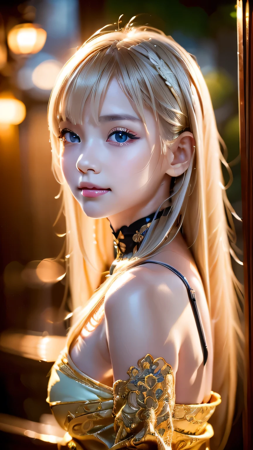 A light smile、night、Live Shooting、(((Portraits of extreme beauty)))、((Glowing Skin))、1 girl、Beautiful 11 year old girl from Prague、((Bright platinum blonde hair))、[blue eyes]、Shiny, glossy skin、Silky super long straight hair、eyeliner、Bangs are long、Hair between the eyes、Dancing Hair、((masterpiece、最high quality、Super detailed、Film Light、Intricate details、High resolution、8K、Very detailed))、Detailed Background、8K UHD、Digital SLR、Soft Light、high quality、Film Grain、Fuji XT3 、Shallow depth of field、Natural light、（hand talk）、Looking up、Droopy eyes、
