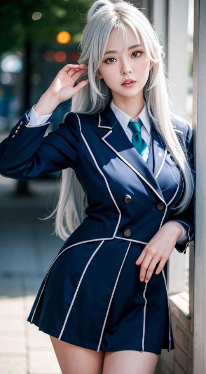 Anime Style、White skin、White Hair、Long Hair、Hair with blue highlights、Upward、Large and noticeable、Colorful gas expression、Alluring large breasts、feminine、High-frequency detail (((Sharpness)))、((Sharpnessフォーカス: 1.2) ) )、Pueros Face_v1:0.7)、(8k、highest quality)、Very big breasted light)))、Blue reflection on the ends of the hair、Beautiful lighting、Highly detailed face、Well drawn hands、Well drawn legs、Well drawn legs、Exposed breastasterpiece）：1、2）、highest quality、masterpiece、High resolution、Original and detailed wallpapers、information：student、Student Council President、Woman in uniform and tie posing、JK Uniform、魔法学校student服、Magic School Uniform、Girl in uniform、校長のWearing a uniform、Wearing a uniform、Business service、Funny Costumes、Japanese 、student服を着ている、Girl&#39;s uniform Japanese、wearing a formal suit、wears tight and simple clothes、Wearing black uniform、Serious expression、Adult women、Mature Woman、Light-colored eyes、Green or blue eyes、blue eyes、Green Eyes、Colored eyes、Honey、Light eyes、目の下の薄いmakeup、makeup、intimidating pose、intimidating face、Authoritarianism、Adult womenの身長