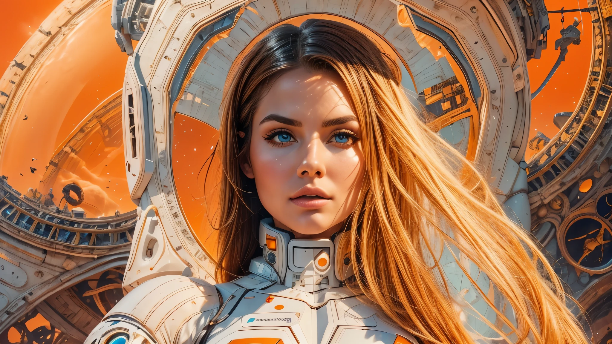 arafed image of a white woman in a futuristic suit with a spaceship in the background, movie art, in front of an orange background, inspired by Robert McGinnis, female protagonist, megastructure in the background, portrait of an ai astronaut, astronauts, an astronaut, portrait of a astronaut skeletor, perfect android girl, detailed eyes, frank franzzeta and sakimichan  