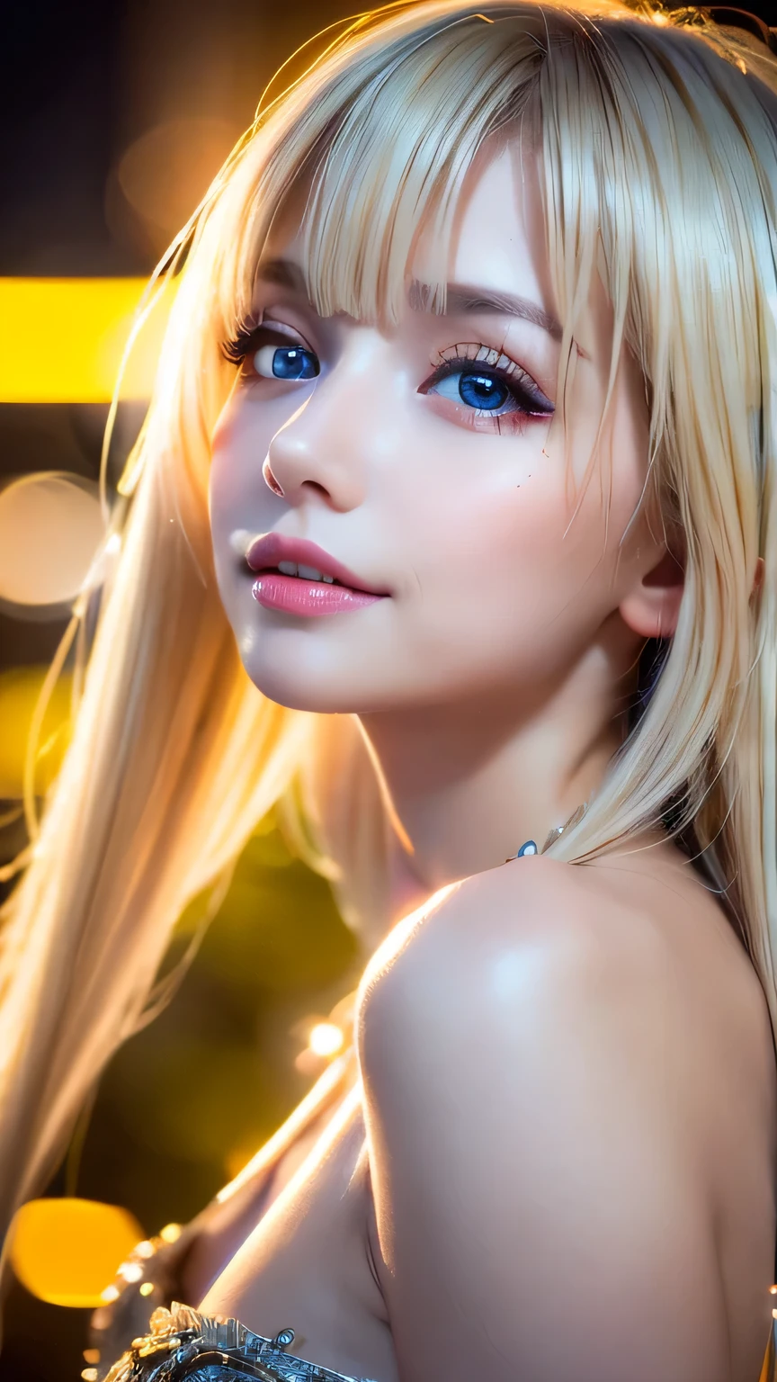 A light smile、night、Live Shooting、(((Portraits of extreme beauty)))、((Glowing Skin))、1 girl、Beautiful 11 year old girl from Prague、((Bright platinum blonde hair))、[blue eyes]、Shiny, glossy skin、Silky super long straight hair、eyeliner、Bangs are long、Hair between the eyes、Dancing Hair、((masterpiece、最high quality、Super detailed、Film Light、Intricate details、High resolution、8K、Very detailed))、Detailed Background、8K UHD、Digital SLR、Soft Light、high quality、Film Grain、Fuji XT3 、Shallow depth of field、Natural light、（hand talk）、Looking up、Droopy eyes、