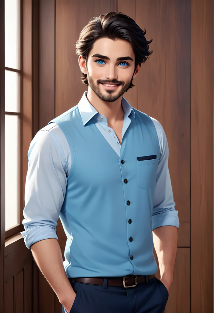 The image portrays a young man with a gentle and approachable demeanor. His dark hair is neatly styled, and his eyes, a striking shade of blue, are looking directly at the viewer, creating a sense of connection. His facial features are soft and well-defined, with a hint of a beard adding to his mature appearance. He is wearing a light blue shirt, which contrasts nicely with his dark hair, and a black vest, suggesting a casual yet stylish attire. The background is minimalistic, featuring a white door with a wooden handle, which adds to the overall clean and modern aesthetic of the image. The man's smile is subtle yet warm, inviting the viewer to feel at ease.