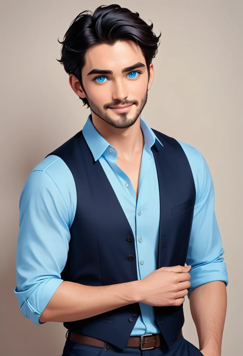 The image portrays a young man with a gentle and approachable demeanor. His dark hair is neatly styled, and his eyes, a striking shade of blue, are looking directly at the viewer, creating a sense of connection. His facial features are soft and well-defined, with a hint of a beard adding to his mature appearance. He is wearing a light blue shirt, which contrasts nicely with his dark hair, and a black vest, suggesting a casual yet stylish attire. The background is minimalistic, featuring a white door with a wooden handle, which adds to the overall clean and modern aesthetic of the image. The man's smile is subtle yet warm, inviting the viewer to feel at ease.