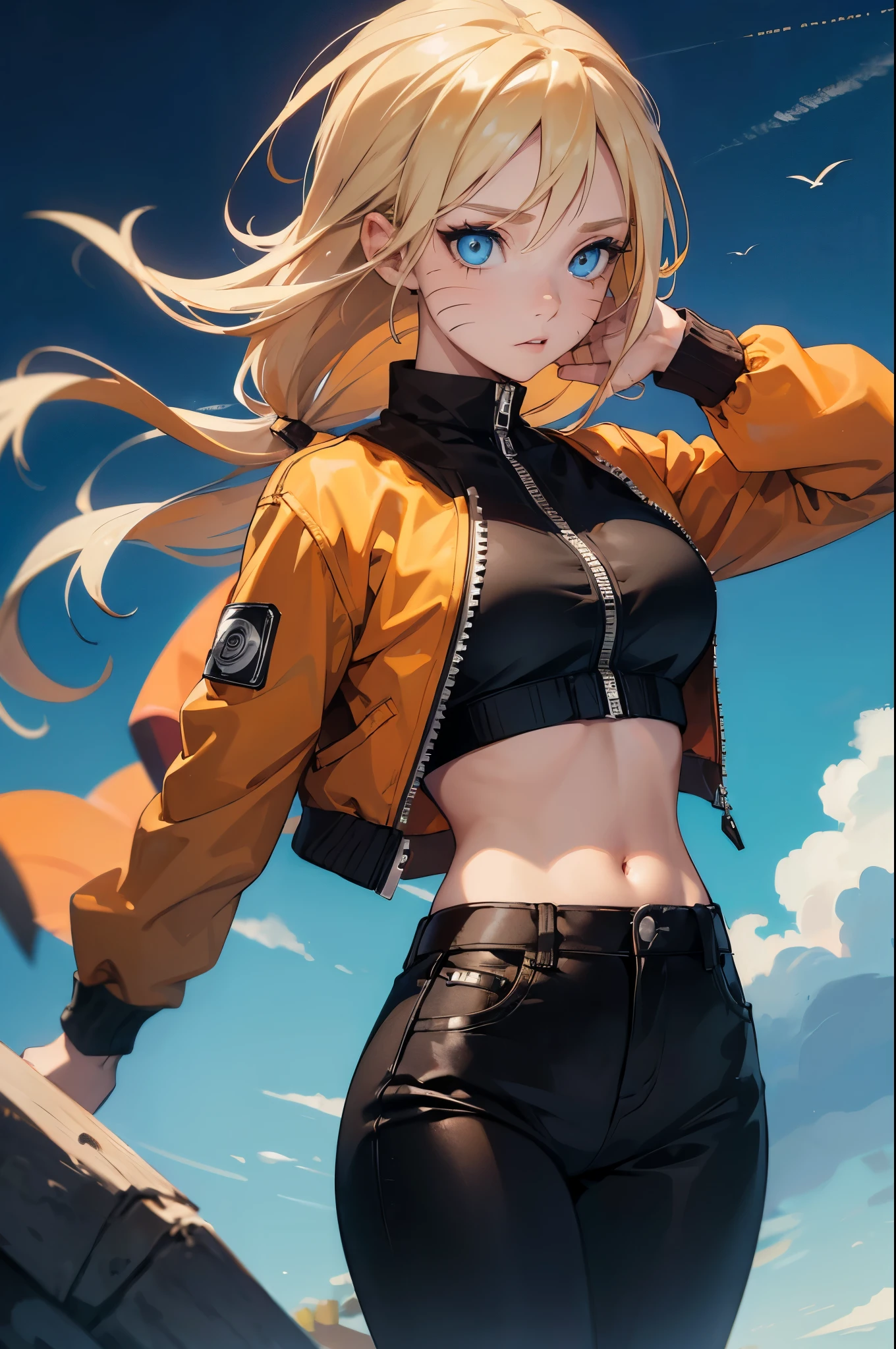 (masterpiece, best quality:1.2), expressive eyes, perfect face, highres, 1girl, solo, (female:1.5), NarukoUzumaki, blue eyes, blonde hair, long hair, facial mark, whisker markings, short hair, long sleeves, jacket, opened jacket, (naruto outfit), midriff, orange-black jacket, mesh shirt, pants, black pants, standing, upper body, looking at the viewer