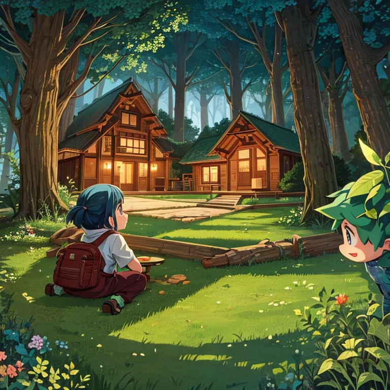 Shota,in the forest,Old one-story house,Anime Style,highest quality,Lots of details