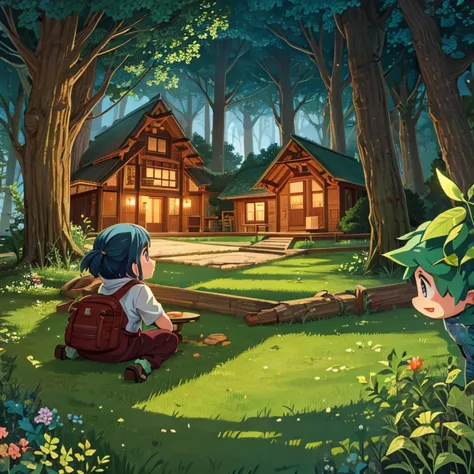 shota,in the forest,old one-story house,anime style,highest quality,lots of details