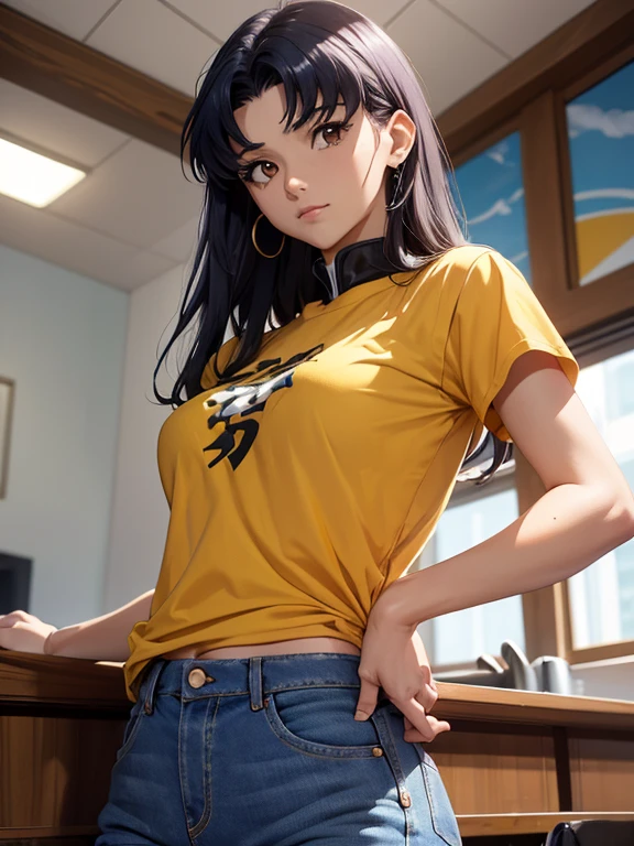 1 mujer, atuendo: Camiseta sin mangas, (((tapa amarilla))), (((jeans cortos))), ojos negros, cabello purpura, pelo medio, constituir, collar, alto, cuerpo delgado, Misato Katsuragi (CON), (((Misato Katsuragi))), adentro, sala de estar, (((Vista frontal))), mirando al espectador, bonitos muslos, cara perfectamente detallada, manos y dedos perfectamente detallados, obra maestra 1.1, tendencia en artstation, calidad pixiv, (((arte de cjin))), intrincadamente detallado, ultra gráfica, SFW version, (((mqmf 1.1))),