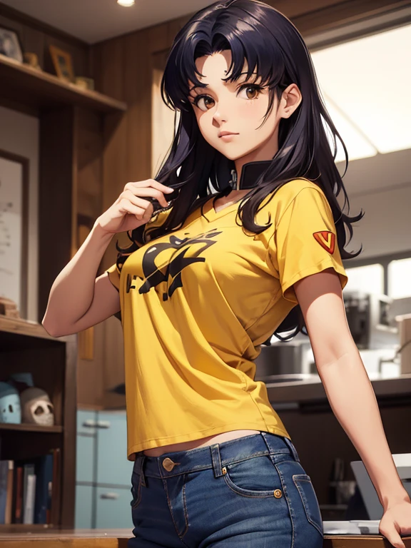 1 mujer, atuendo: Camiseta sin mangas, (((tapa amarilla))), (((jeans cortos))), ojos negros, cabello purpura, pelo medio, constituir, collar, alto, cuerpo delgado, Misato Katsuragi (CON), (((Misato Katsuragi))), adentro, sala de estar, (((Vista frontal))), mirando al espectador, bonitos muslos, cara perfectamente detallada, manos y dedos perfectamente detallados, obra maestra 1.1, tendencia en artstation, calidad pixiv, (((arte de cjin))), intrincadamente detallado, ultra gráfica, SFW version, (((mqmf 1.1))),