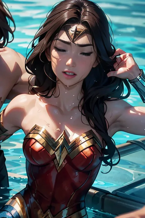 in water,perfect wonder woman costume,whole body,having your head held down under water,being submerged in a pool,drowning in th...