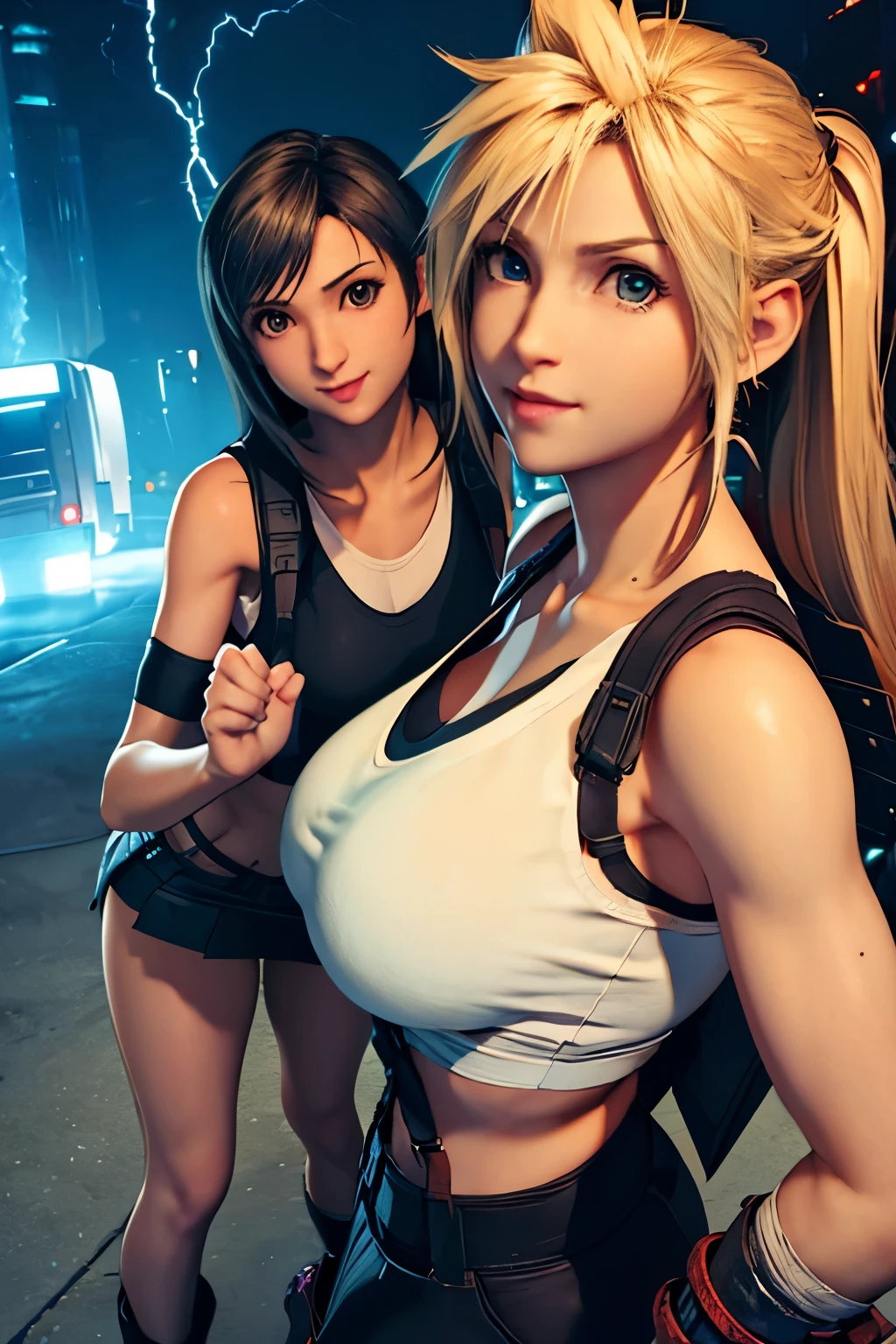 (masterpiece), (high quality), (realistic 1.5), (2 girls)  female Cloud Strife, Tifa Lockhart, big breasts, white sleeveless top, black skirt, sexy pose, mischievous smile, soft lightning, looking at viewer, keeping eye contact, precise hands