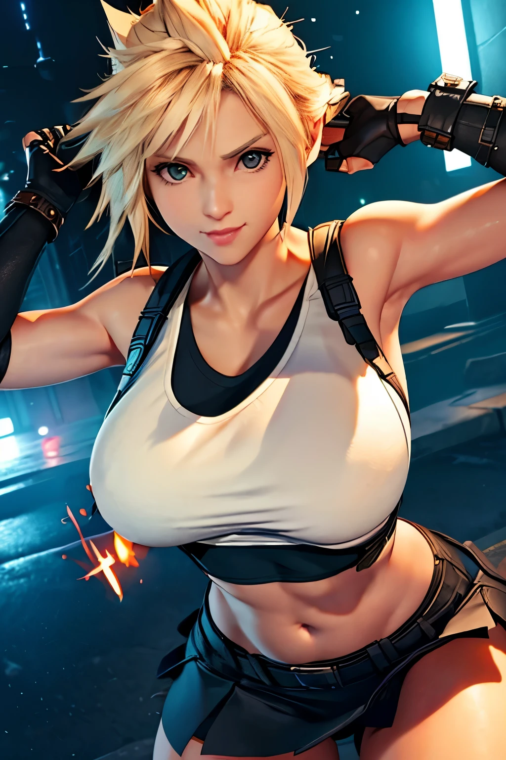 (masterpiece), (high quality), (realistic 1.5), female Cloud Strife, big breasts, white sleeveless top, black skirt, sexy pose, Tifa Lockhart, mischievous smile, soft lightning, looking at viewer, keeping eye contact, precise hands, erase hand, blend with background