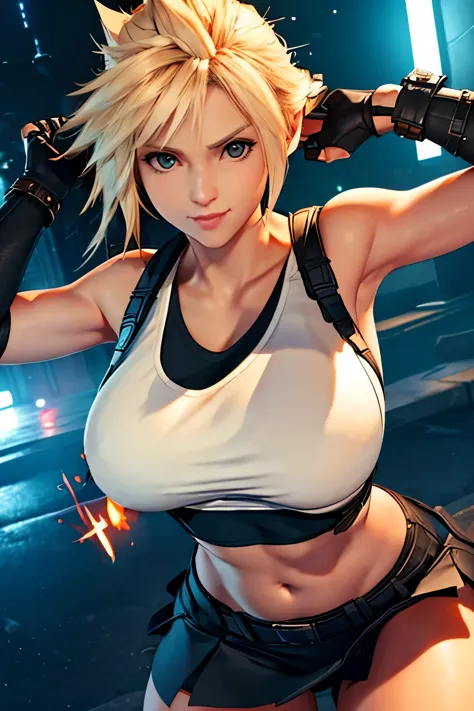 (masterpiece), (high quality), (realistic 1.5), female Cloud Strife, big breasts, white sleeveless top, black skirt, sexy pose, ...