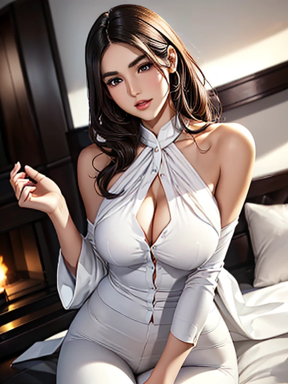 (highest quality,High Ray Nimalism Elegant White Shirt,slim black pants,Her tall figure and graceful curves,on the shoulder,Slightly curled,Long Hair,emits a faint scent,Pretty face,bright and lively eyes,naturally thin eyebrows,rosy and sexy lips,round and smooth face,