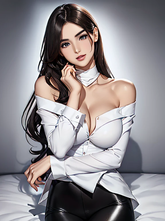 (highest quality,High Ray Nimalism Elegant White Shirt,slim black pants,Her tall figure and graceful curves,on the shoulder,Slightly curled,Long Hair,emits a faint scent,Pretty face,bright and lively eyes,naturally thin eyebrows,rosy and sexy lips,round and smooth face,