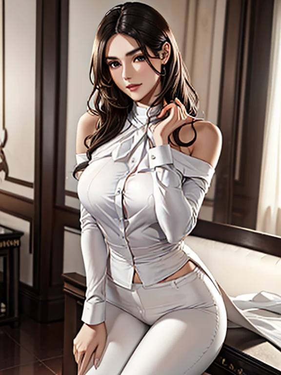 (highest quality,High Ray Nimalism Elegant White Shirt,slim black pants,Her tall figure and graceful curves,on the shoulder,Slightly curled,Long Hair,emits a faint scent,Pretty face,bright and lively eyes,naturally thin eyebrows,rosy and sexy lips,round and smooth face,