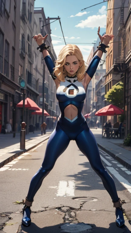 (Highly quality, masterpiece, detailed), city detailed scenario, city detailed background, 1girl, susan storm in stock pose, full body with cuffs, tied on bondage X cross, blue eyes, blonde hair, full body blue bodysuit, sleeves, perfect face, beautiful eyes, looking at the viewer