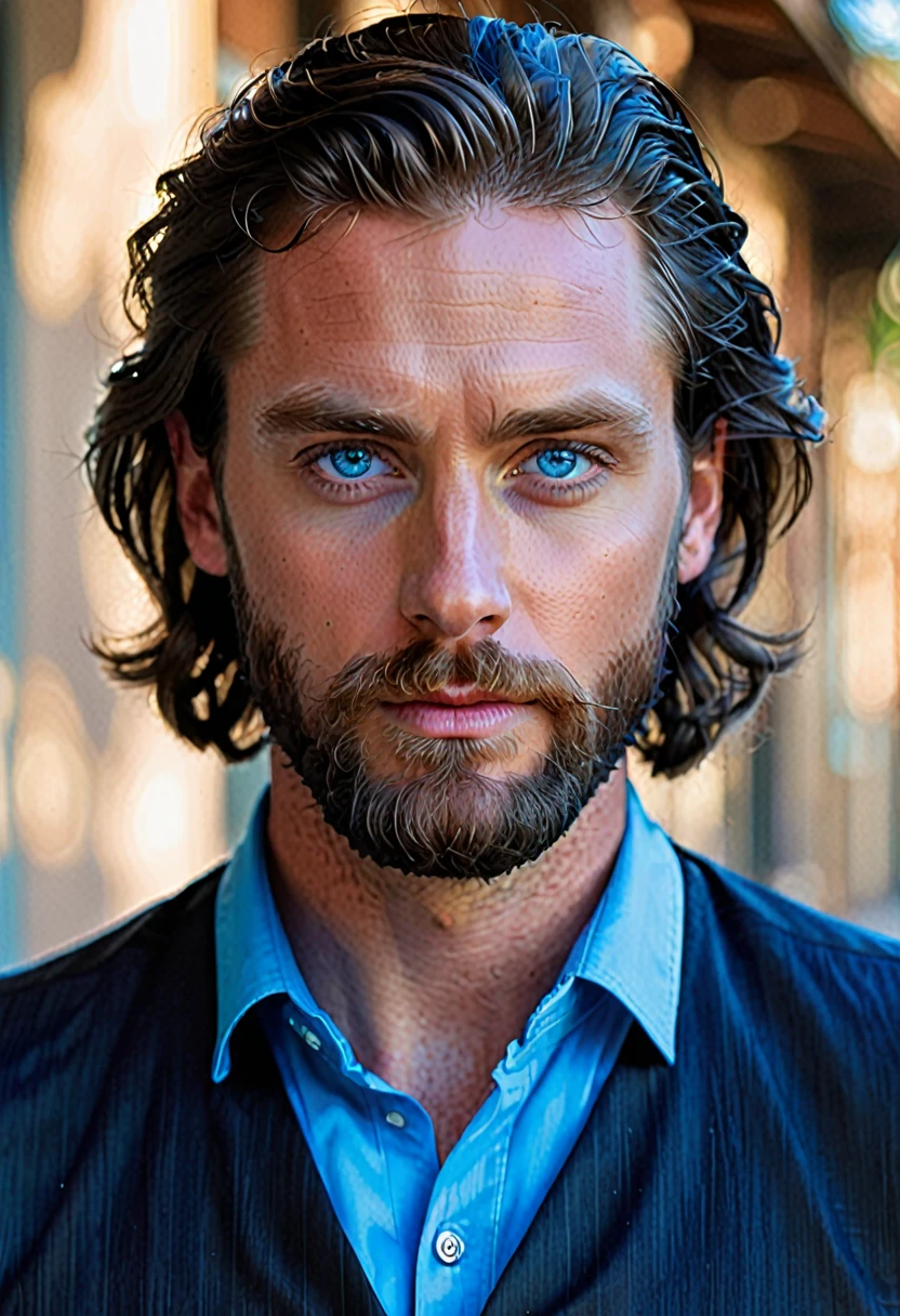 The image depicts a stylized portrait of a man with striking blue eyes and a beard. He has dark hair styled in a modern, wavy manner. The man is wearing a blue shirt with a black vest, suggesting a smart or semi-formal attire. The overall look is polished and contemporary, with a focus on the man's facial features and the contrast between his blue eyes and the darker tones of his hair and clothing. The image is likely a digital artwork or a high-quality photograph with a focus on the subject's appearance.