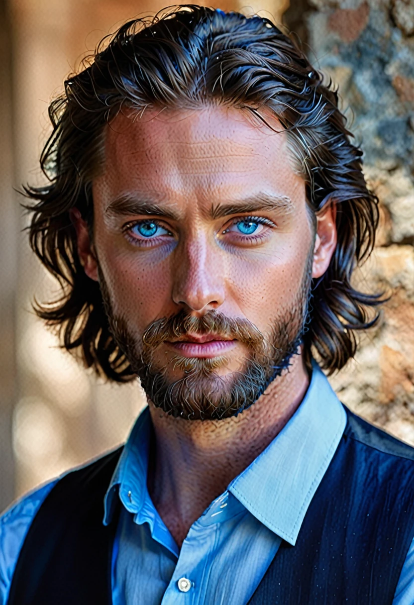 The image depicts a stylized portrait of a man with striking blue eyes and a beard. He has dark hair styled in a modern, wavy manner. The man is wearing a blue shirt with a black vest, suggesting a smart or semi-formal attire. The overall look is polished and contemporary, with a focus on the man's facial features and the contrast between his blue eyes and the darker tones of his hair and clothing. The image is likely a digital artwork or a high-quality photograph with a focus on the subject's appearance.