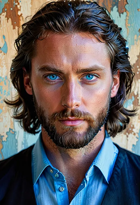 The image depicts a stylized portrait of a man with striking blue eyes and a beard. He has dark hair styled in a modern, wavy ma...