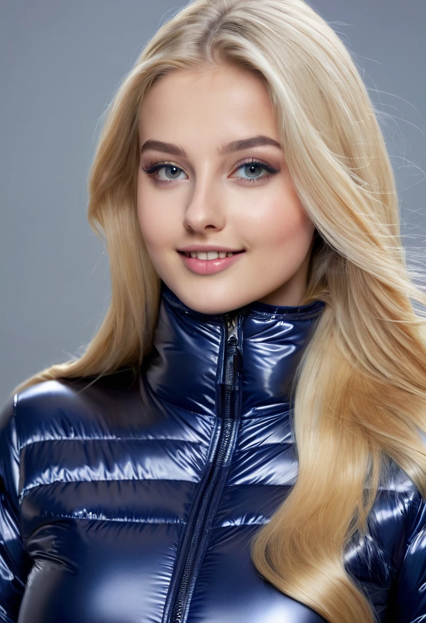 Hyperrealistic beautiful 18-year-old women in shiny navy puffer jacket  latex cat - SeaArt AI