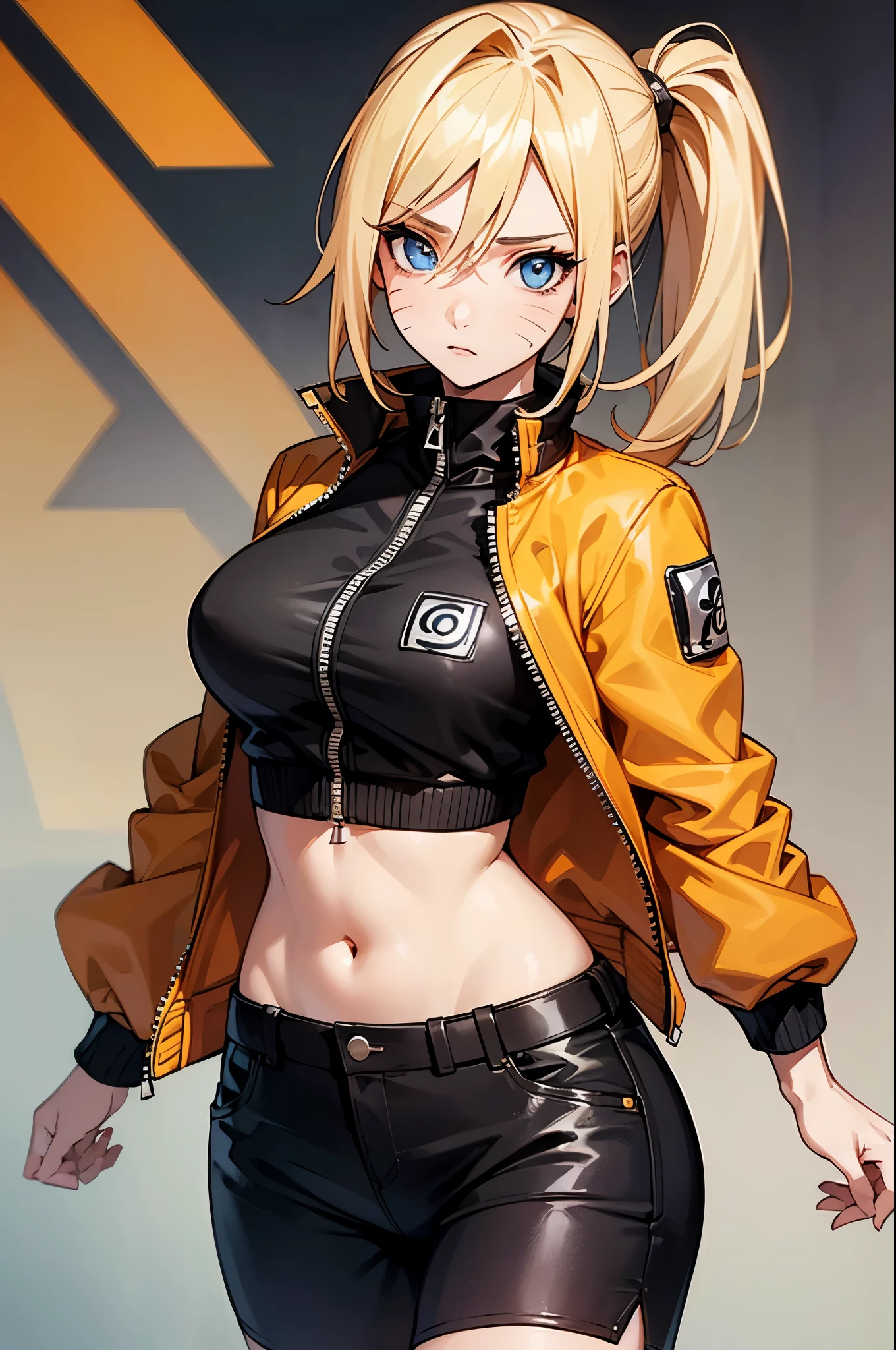 (masterpiece, best quality:1.2), expressive eyes, perfect face, highres, 1girl, solo, (female:1.5), NarukoUzumaki, blue eyes, blonde hair, long hair, facial mark, whisker markings, short hair, long sleeves, jacket, opened jacket, (naruto outfit), midriff, orange-black jacket, mesh shirt, pants, black pants, standing, upper body, looking at the viewer