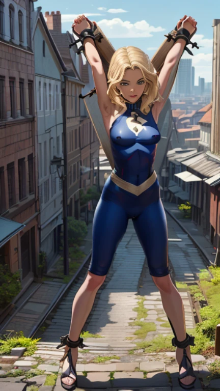 (Highly quality, masterpiece, detailed), city detailed scenario, city detailed background, 1girl, ((footjob sex position:0.55)), susan storm, full body with cuffs, tied on St. Andrew's cross, blue eyes, blonde hair, full body blue bodysuit, sleeves, perfect face, beautiful eyes, looking at the viewer