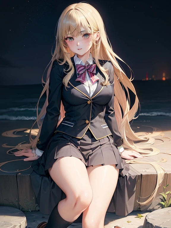 ((highest quality)), ((masterpiece)), (detailed), Anime 2D Rendering, Realistic young anime woman, 
Perfect Face, Beautiful fine details, Beautiful body, Beautiful breasts, Beautiful thighs, Beautiful feet, One Girl,  

High school girls、Cute girl、Lady、Blonde、Neat long hair blazer 、Black Stockings、loafers