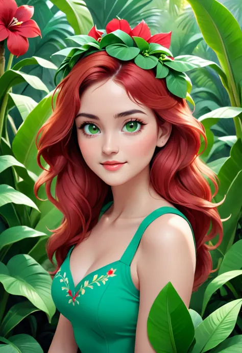 In the image, there is a young woman with long, wavy red hair. She is wearing a green top with a floral embroidery on the chest....