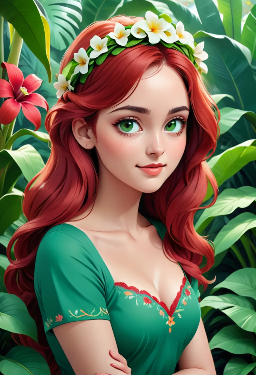 In the image, there is a young woman with long, wavy red hair. She is wearing a green top with a floral embroidery on the chest. The woman has a gentle expression on her face and is looking directly at the camera. She is adorned with a small floral crown or headband, which adds to the natural and serene atmosphere of the photo.

The background is lush with greenery, featuring a variety of plants and flowers, including what appears to be a banana plant and some vibrant red flowers. The lighting suggests it might be a sunny day, and the overall composition of the image gives it a peaceful and organic feel. The woman's attire and the floral elements in the image evoke a sense of harmony with nature.